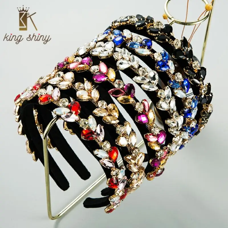 

Temperament Color Crystal Leaf Headband for Woman Vintage Shiny Glass Drill Black Velvet Hairband Female Party Hair Accessories