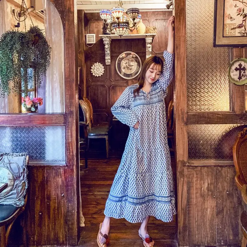 Богемное женское платье свободного кроя с принтом и длинным рукавом ветреное