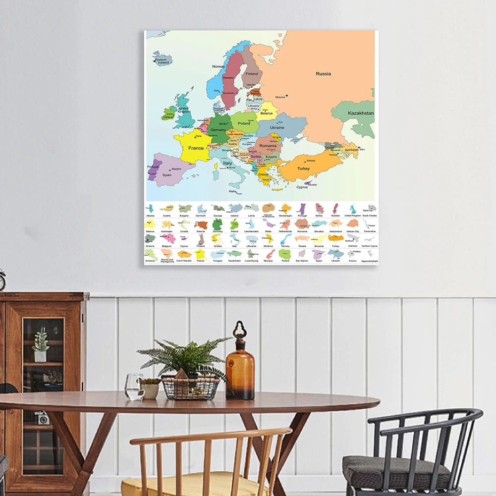 

90*90cm Political Map of The Europe Non-woven Canvas Painting Vinyl Print Wall Poster Classroom Home Decoration School Supplies