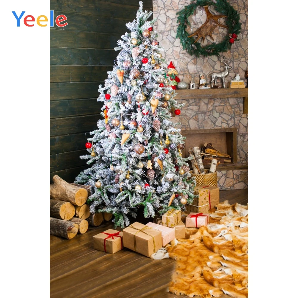 

Christmas Tree Fireplace Wreath Wooden Floor Home Decor Backdrop Photography Custom Photographic Background For Photo Studio