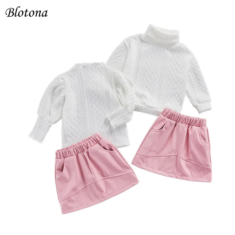 

Весенне-осенний повседневный комплект одежды для маленьких девочек Blotona из 2 предметов, пуловер с длинными рукавами-фонариками и кожаная юбка с эластичным поясом, женская одежда