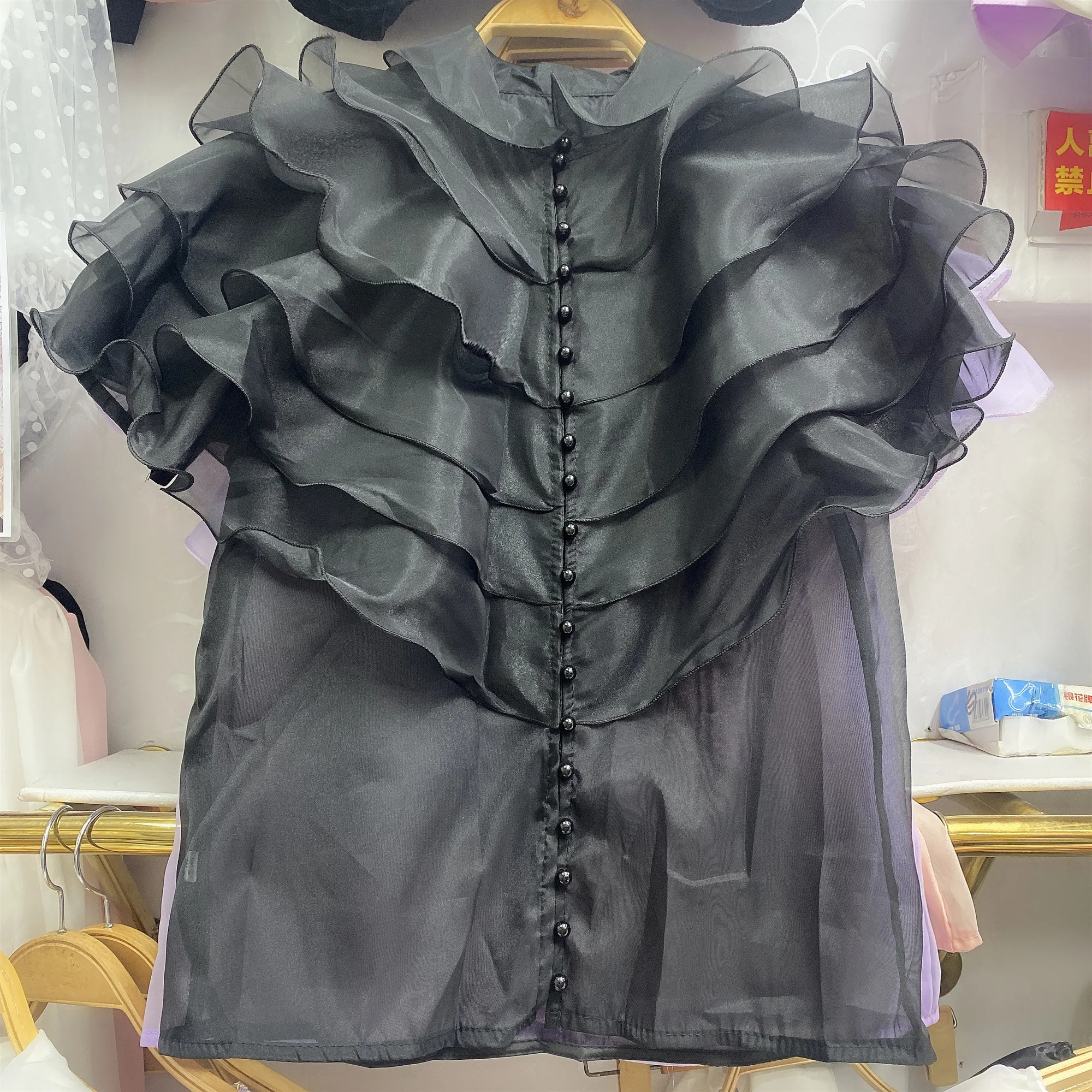 

Court Style Women's Layered Chiffon Shirt Summer Sweet Ruffles Sleeve Single-breasted Pearl Button Top Black White Mesh Blouses