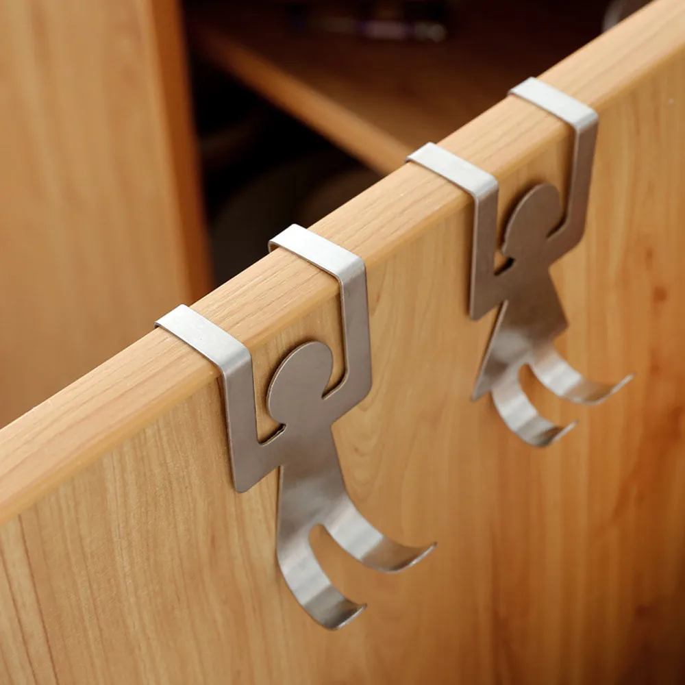 

2pcs Stainless Steel Lovers Shaped Hooks Kitchen Cabinet Board Door Rack Hanger Closet Clothes Storage Rack Behind Door Rack