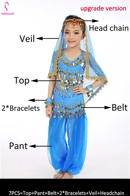 Ocean Blue 7pcs 8 цветов детский набор костюма для танца живота Восточные Танцевальные костюмы для девочек Египетский Болливуд индийский танец живота одежда - Цвет: Ocean Blue 7pcs