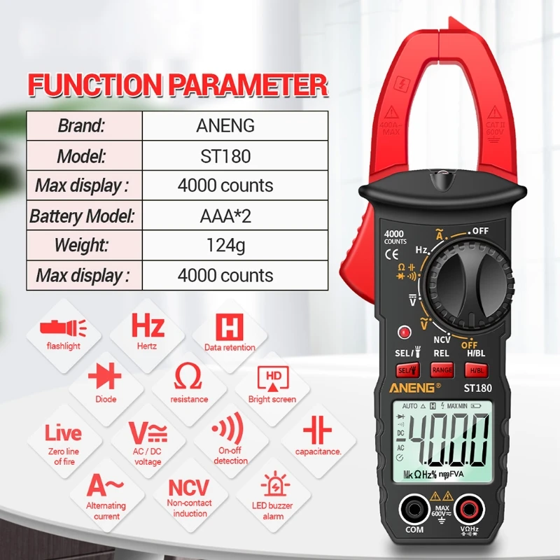 

ST180 Multimeter Digital Clamp Meter 4000 Counts Ammeter Voltmeter Automotive Amplifier Capacitance NCV Ohm Test C7AC