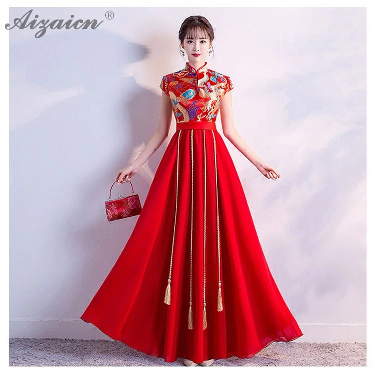Новое атласное платье Cheongsam красное свадебное винтажное платье Qi Pao Женские китайские свадебные платья Qipao Акция Женская Роба в восточном стиле