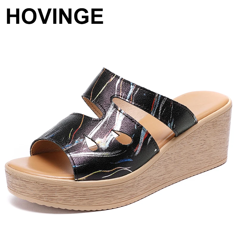 

HOVINGE women slippers real leather shoes slide on the outside slides ladies fashion wedge summer thick beach rocker sole