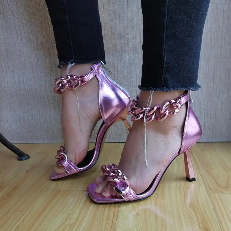 

Summer New Women's Sandals 2021 Genuine Leather High-heeled Shoes Gold Plating Chain Serpentine Black White Pink Green Big size