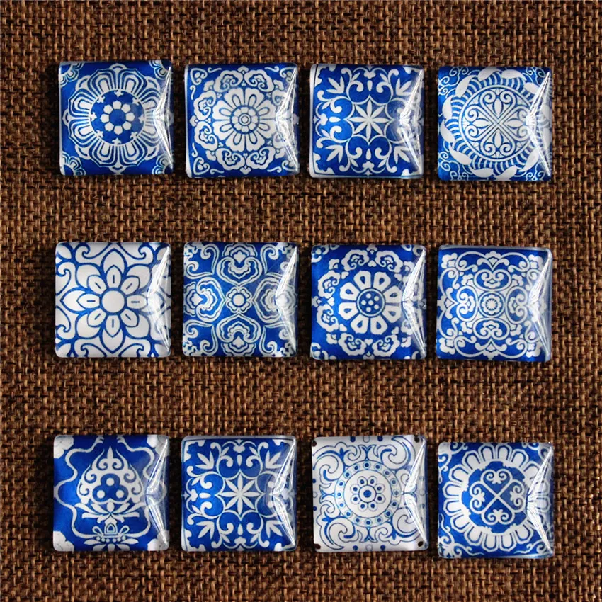 

10mm 12mm 20mm 25mm Square Blue and white porcelain Random Mixed In Pairs Pattern Glass Cabochon Flatback Photo DIY Making
