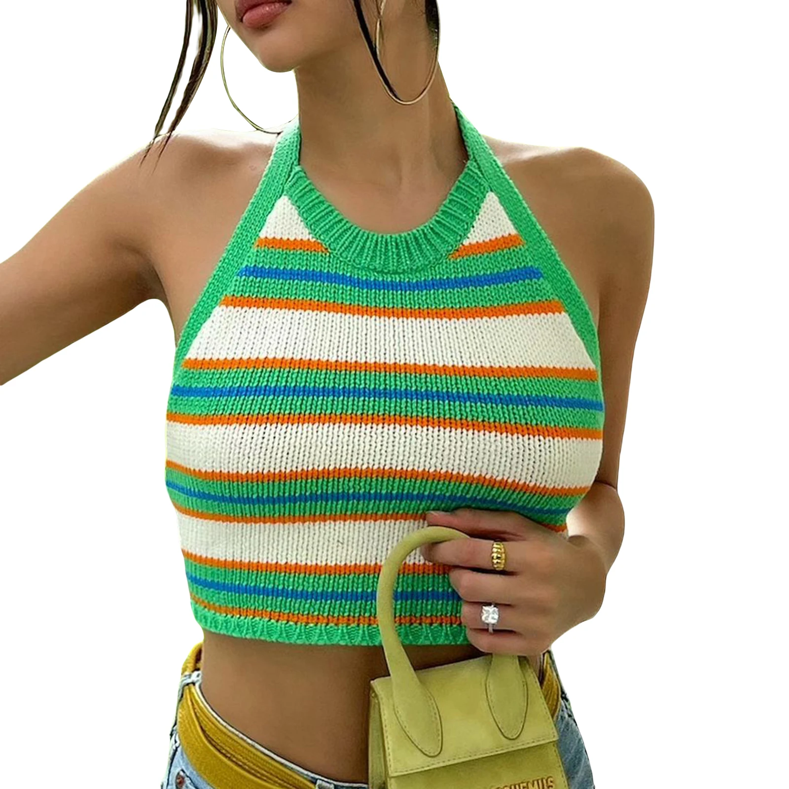 

Женский трикотажный топ с лямкой на шее, с принтом в полоску