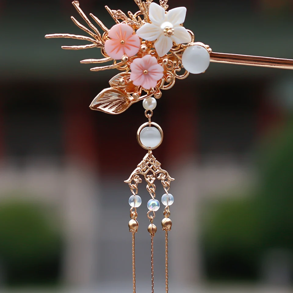 

Chinese Traditional Hair Accessories Gold/Silver Crystal bead Flower Hair Stick Handmade Metal Long Tassels Hair Jewelry