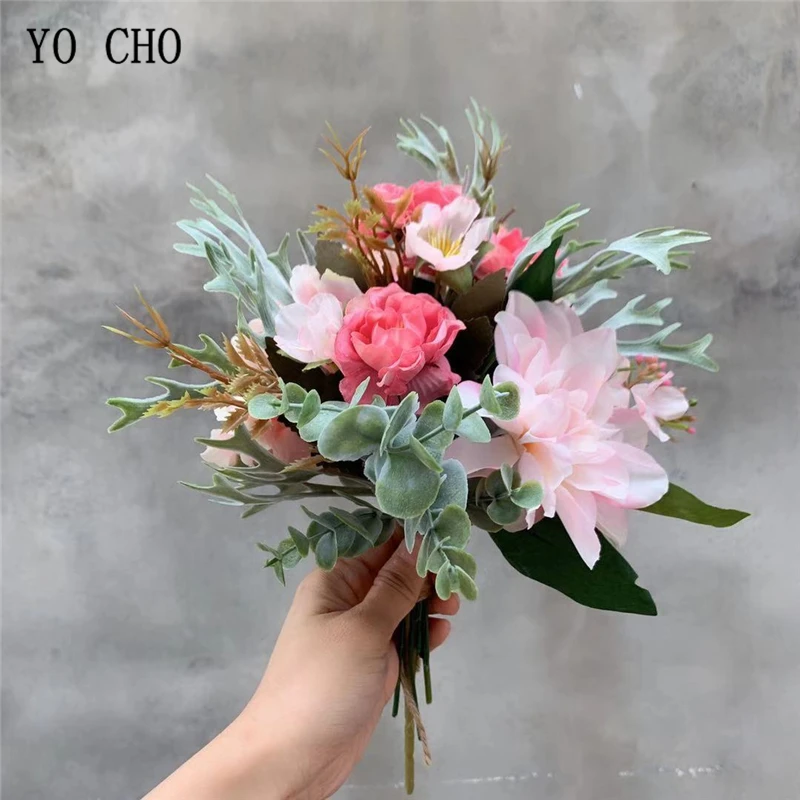 

YO CHO Artificial Flower Bride Wedding Bouquet Silk Peony Dahlia Bridesmaid Bouquet Forest Style Flower Home Party Table Decor