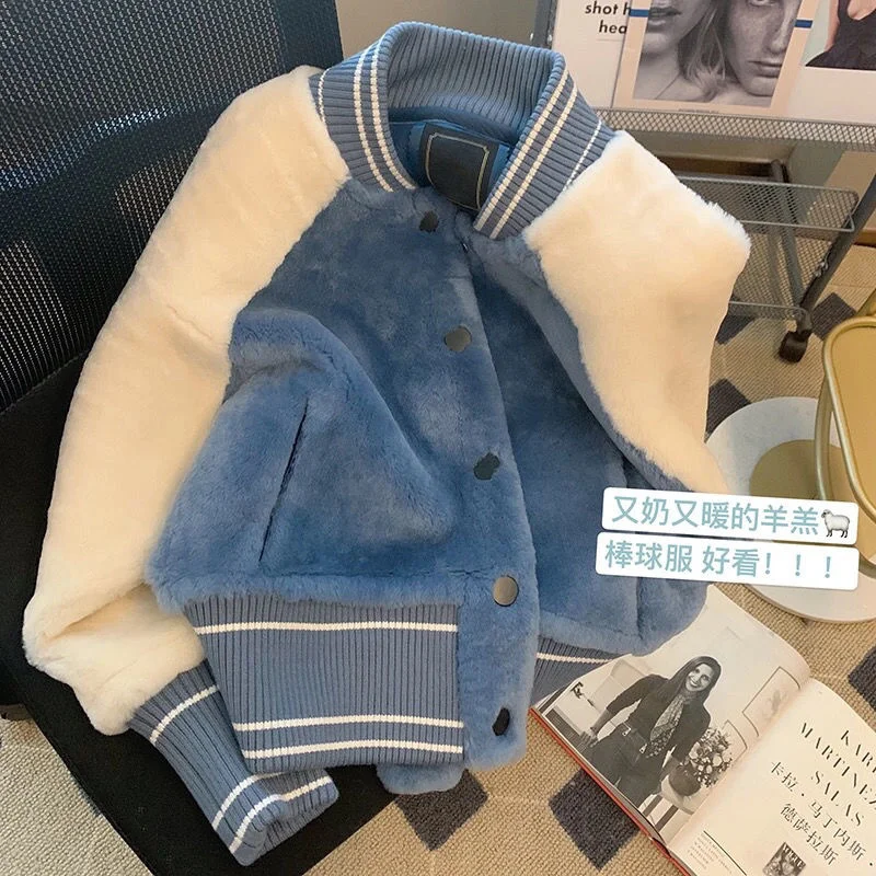 Женское бейсбольное пальто Y2K синего цвета с искусственным Плюшевым Мехом