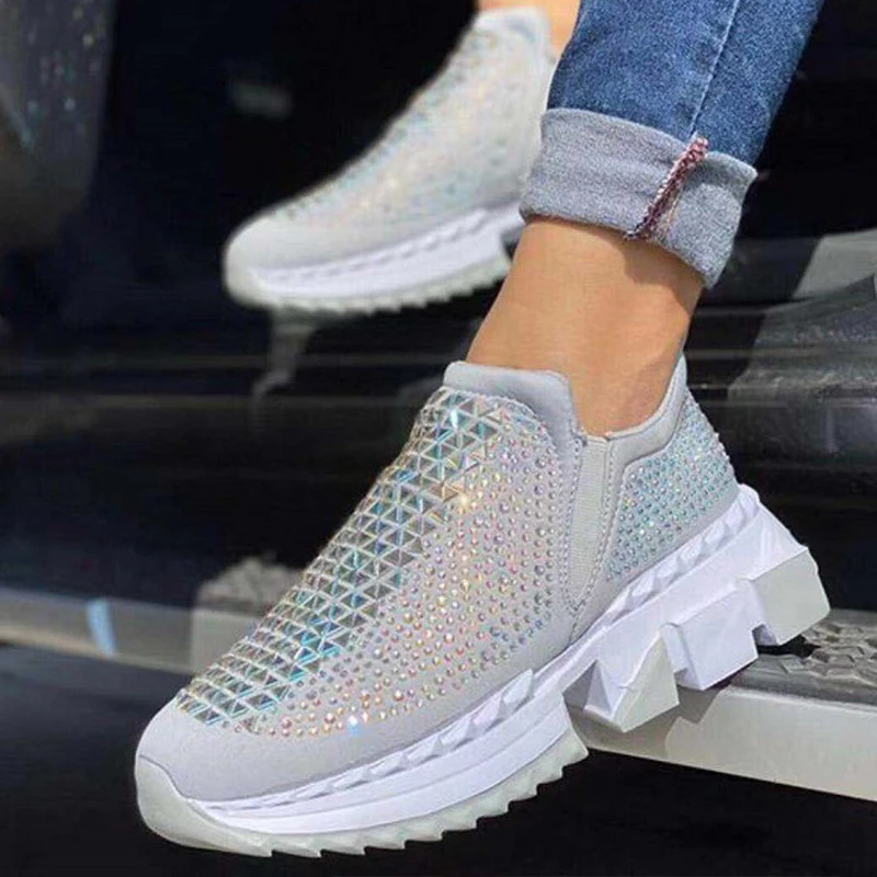 

2021 Slip On Platform Sports Shoes For Women Breathable Ladies Sneakers Casual Autumn Vucanized Shoes Rhinestone Running Shoes