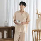 Мужской модный шифоновый кардиган, пижамные костюмы, 2 шт., однотонная одежда для сна на пуговицах, Повседневная Свободная ночная рубашка, Мужская пижама с коротким рукавом, домашняя одежда