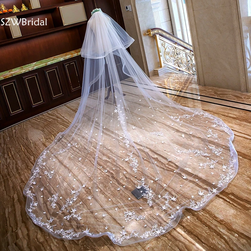

New arrival Ivory Welon wedding accessories Bridal veil voile mariage Cathedral wedding veil Lace Edge hochzeit long veil