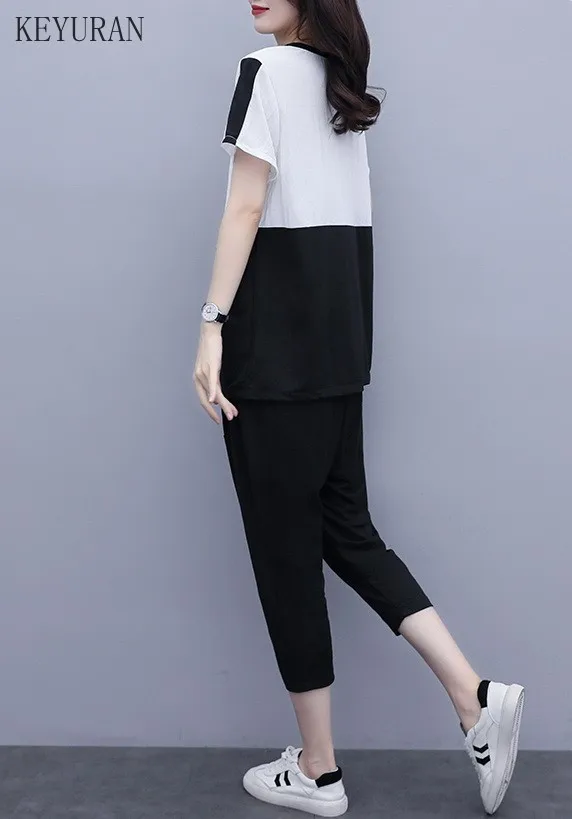 

Women Casual Two Piece Set Outfits O-Neck Short Sleeve Patchwork Casual T-Shirt Top + Black Harem Pants Plus Size Summer Suit