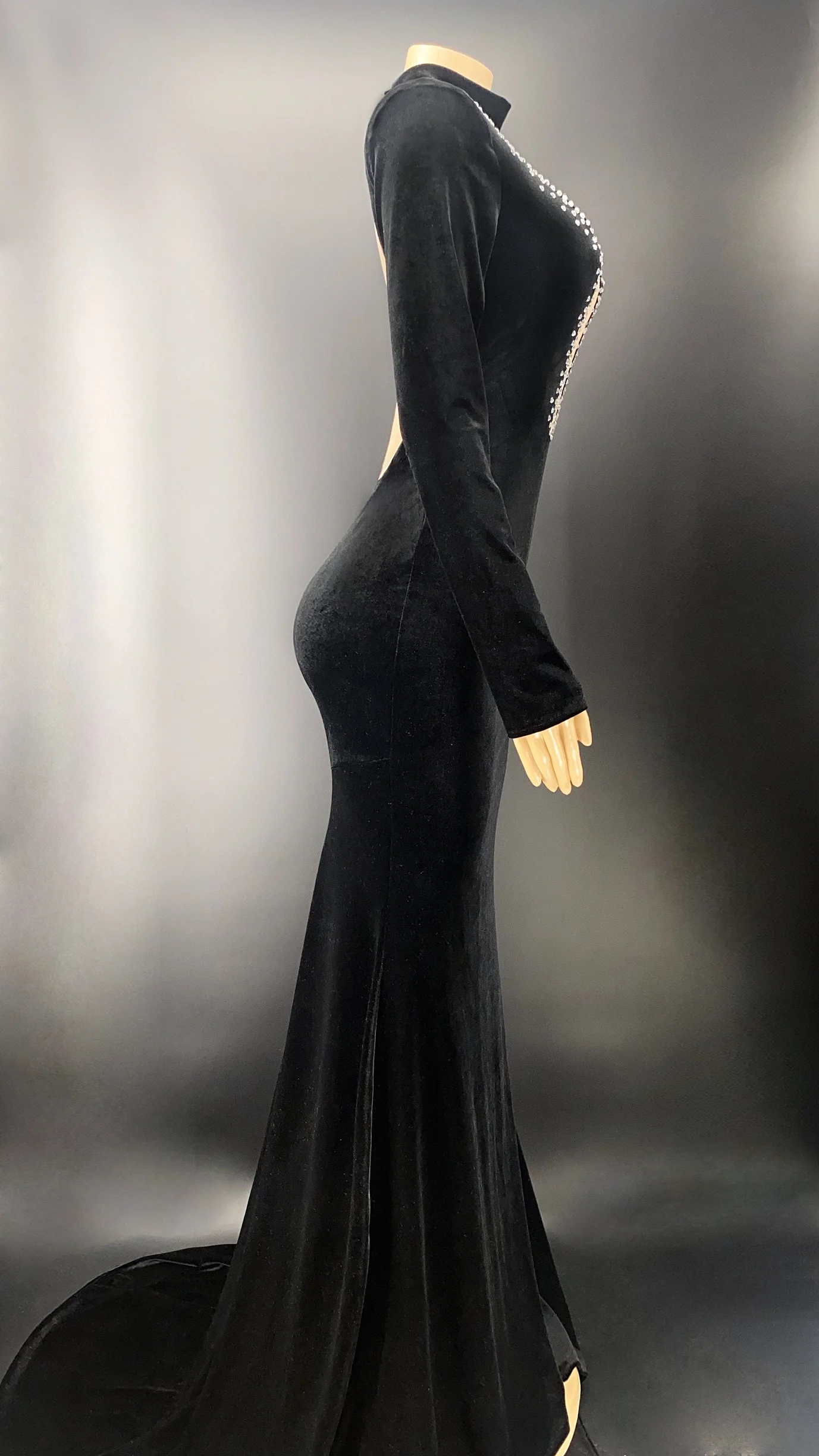 Black Mesh Backless Fashion Velvet Evening Celebrate Long Train Dress Women Prom Outfit Birthday Big Tail Costume | Тематическая
