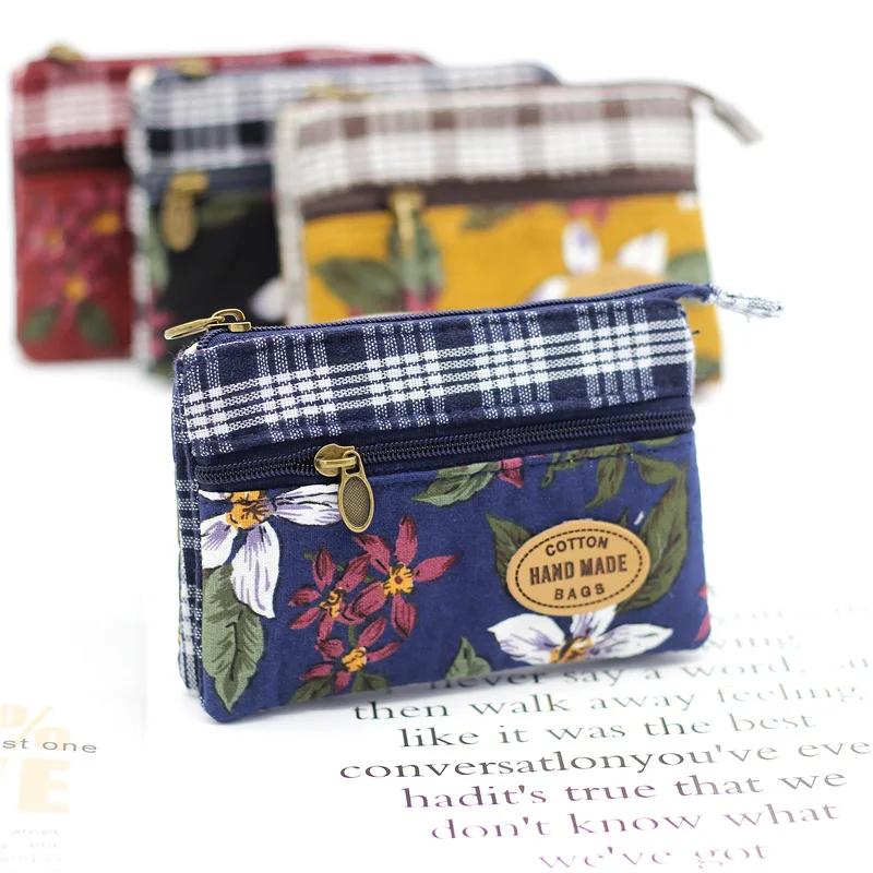 

100pcs Flower Multi-layer Cotton Fabric Coin Purse Women Card Wallet Small Change Bag Retro Canvas Female Hand Purses Pouch New