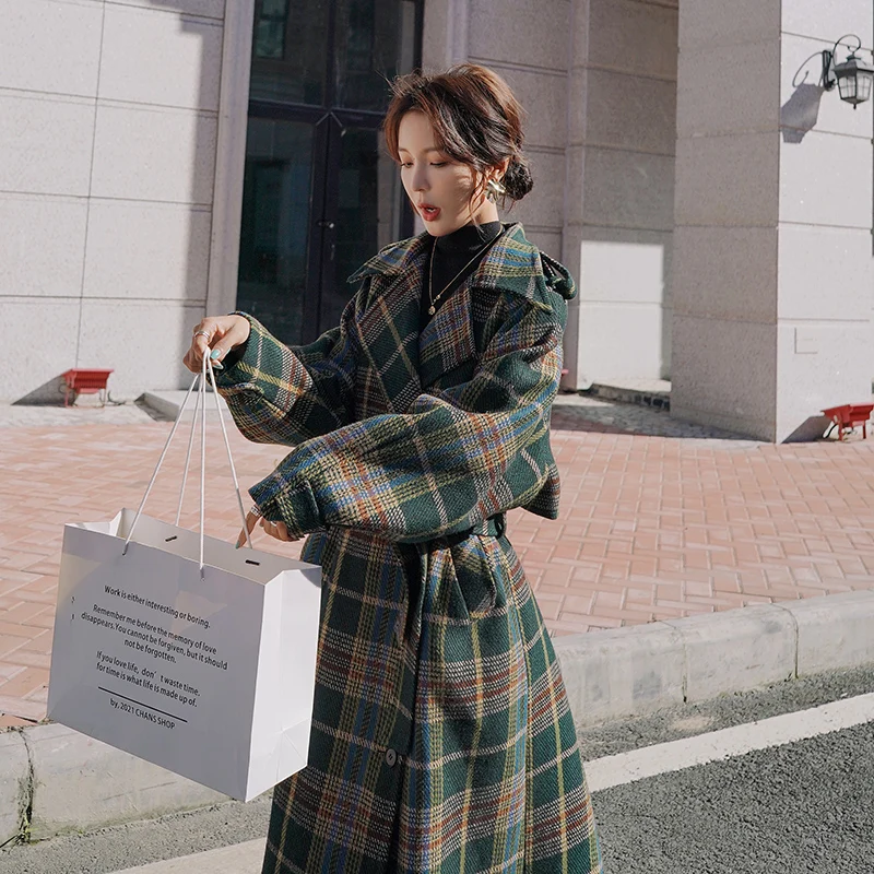 

Brand New Fashion Winter Long Overcoat for Women Plaid Outerwear Lady Clothes with Belt Loose Oversize Warm Thick