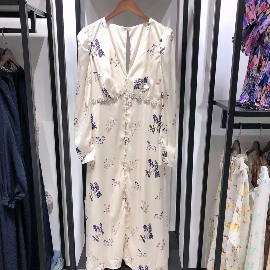 

2021 Autumn New Women Floral Print Midi Dress Elegant V-Neck Long Sleeve Satin Crystal Embellished Female Long Dresses