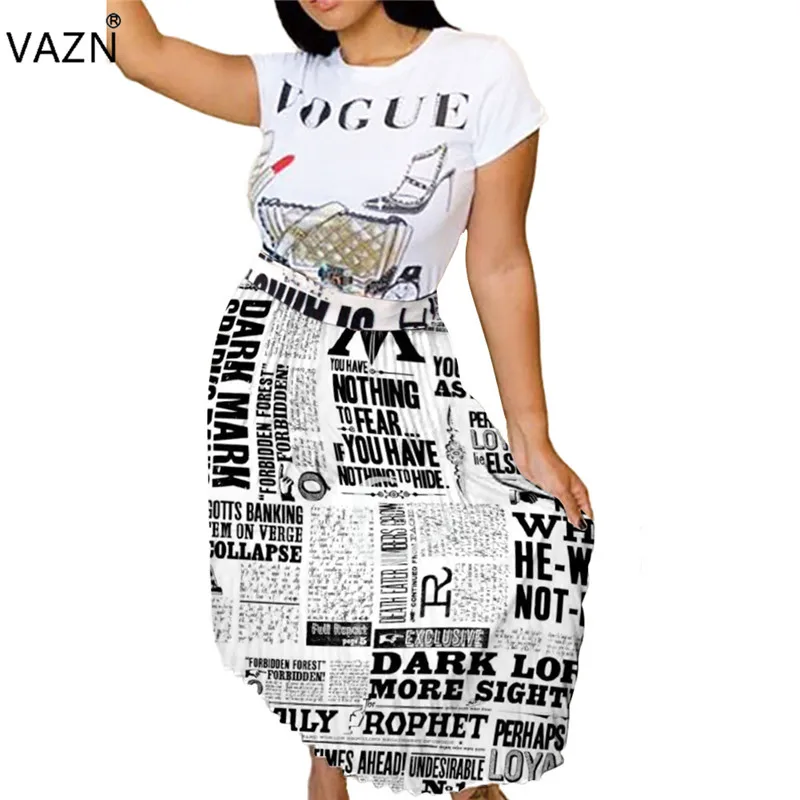 black-white VAZN PN6216 горячий продукт летние сексуальные женские юбки плиссированные газетные длинные юбки с принтом пляжный ветер черный с белые юбки - Цвет: black-white