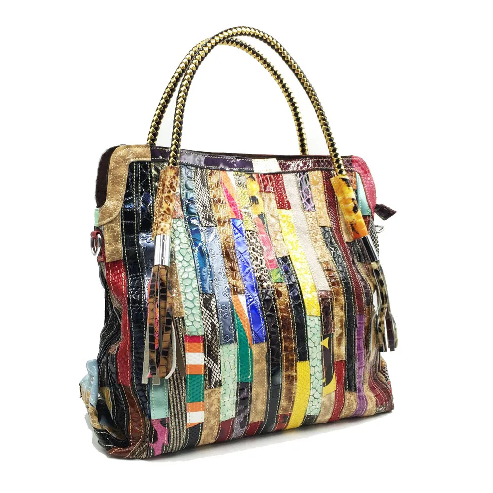 

National Stylish Vintage Shoulder Bag Genuine Leather Big Size Patchwork Crossbody Messenger Bag Rainbow Colorful Bag