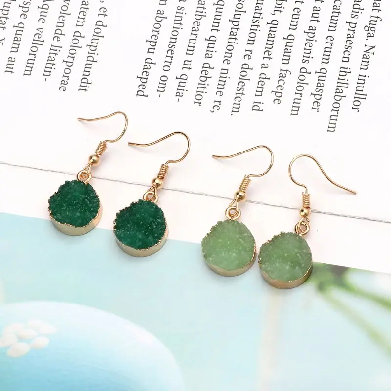 Женские серьги подвески Druzy Камень крючок круглые из натурального кварца