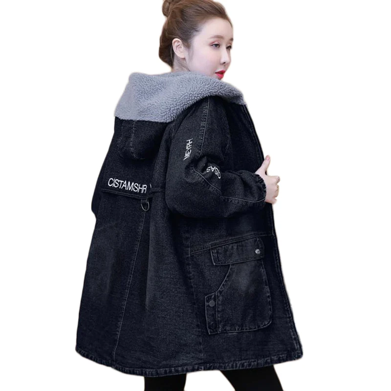 Размера плюс овечья шерсть джинсовая куртка Женская длинная Тренч осень-зима