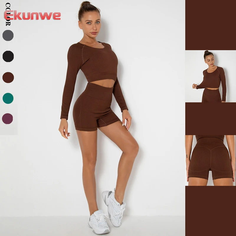 

Seamless Knitted Striped Yoga Suit Sports Gym Training Workout Clothes Suit Long Sleeved Shorts 2Pcs Suit Slim Sexy Casual Suit
