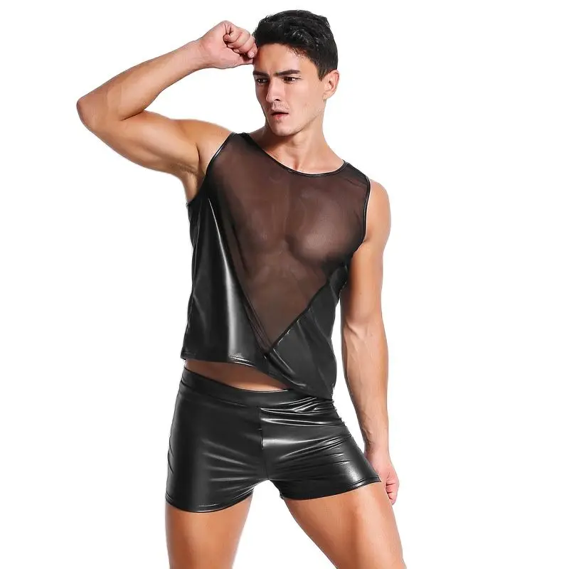 Сексуальный Мужской Прозрачный сетчатый жилет в стиле пэчворк из искусственной