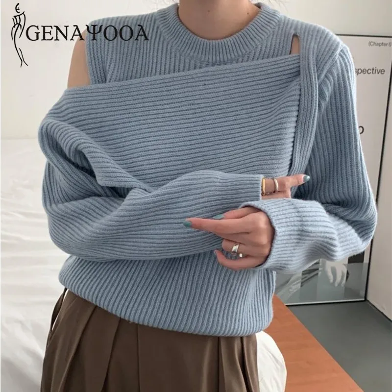 

Genayooa Solid Pullover Sweater Knitted Women Winter 2020 Long Sleeve Irregular Off Shoulder Jumper Office Ladies Korean Style
