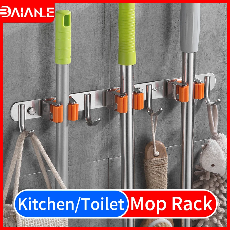 

Stainless Steel Broom Mop Holder Multifunction Wall Mounted Mop Holder Brush Broom Hanger Storage Rack Bathroom Kitchen Garage