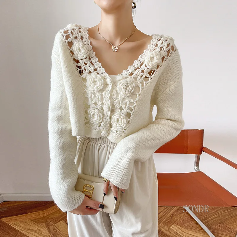Wool Bend Crochet Hollow Out White Cardigan Women Short Sweater Jacket 2021 Hand Hook Floral Knitted Cardigan