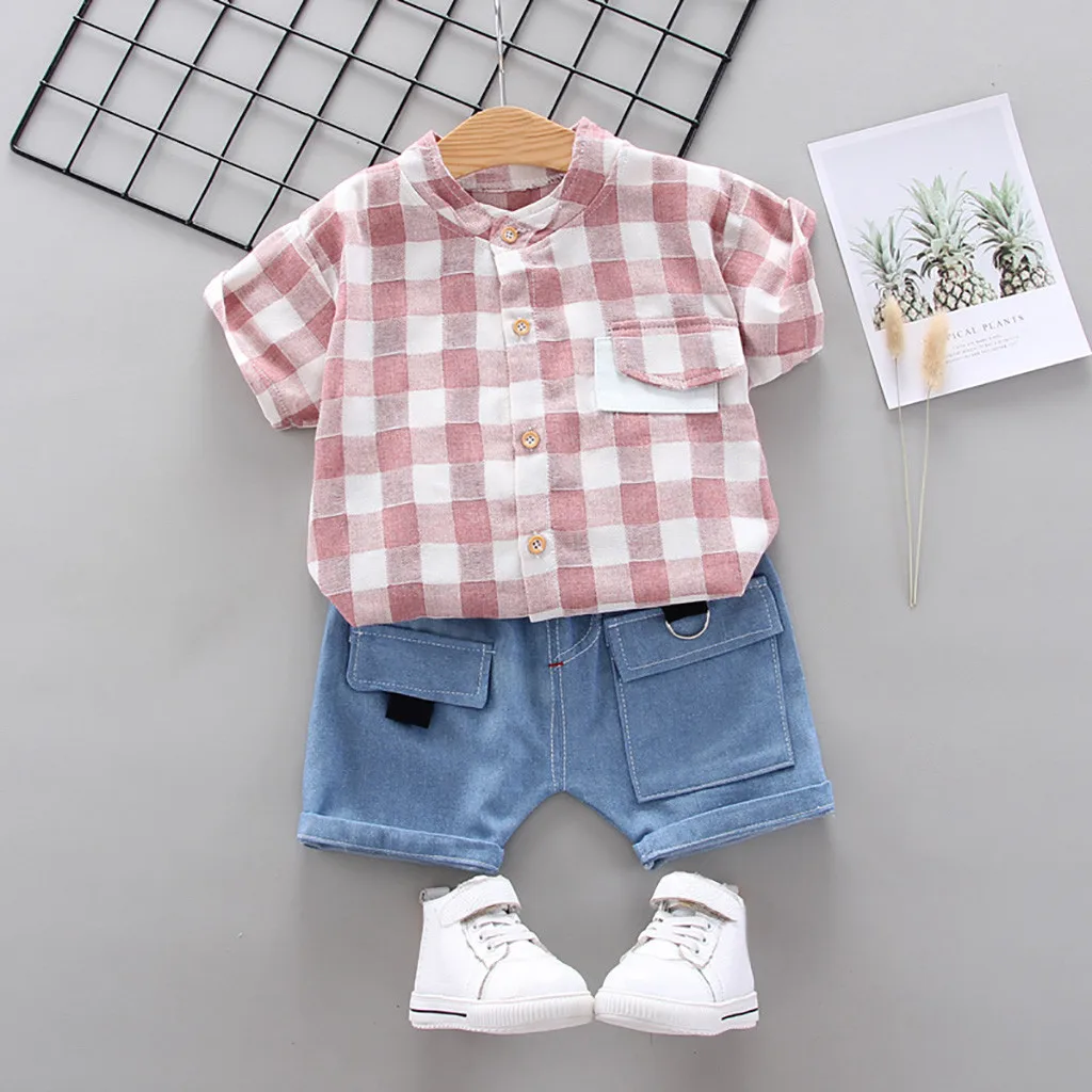 Fashion kids summer suit boy girl plaid top + denim pocket Korean version trend baby clothes пижама детская 50* |