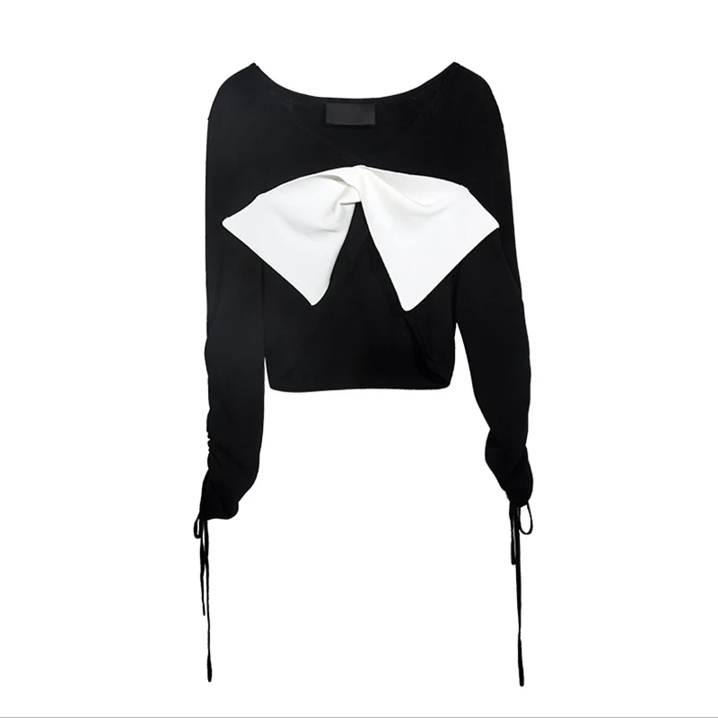 

VGH Elegant Hit Color Shirt For Women V Neck Long Sleeve Patchwork Bowknot Hollow Out Blouses Female Summer Fashion 2021 Stylish