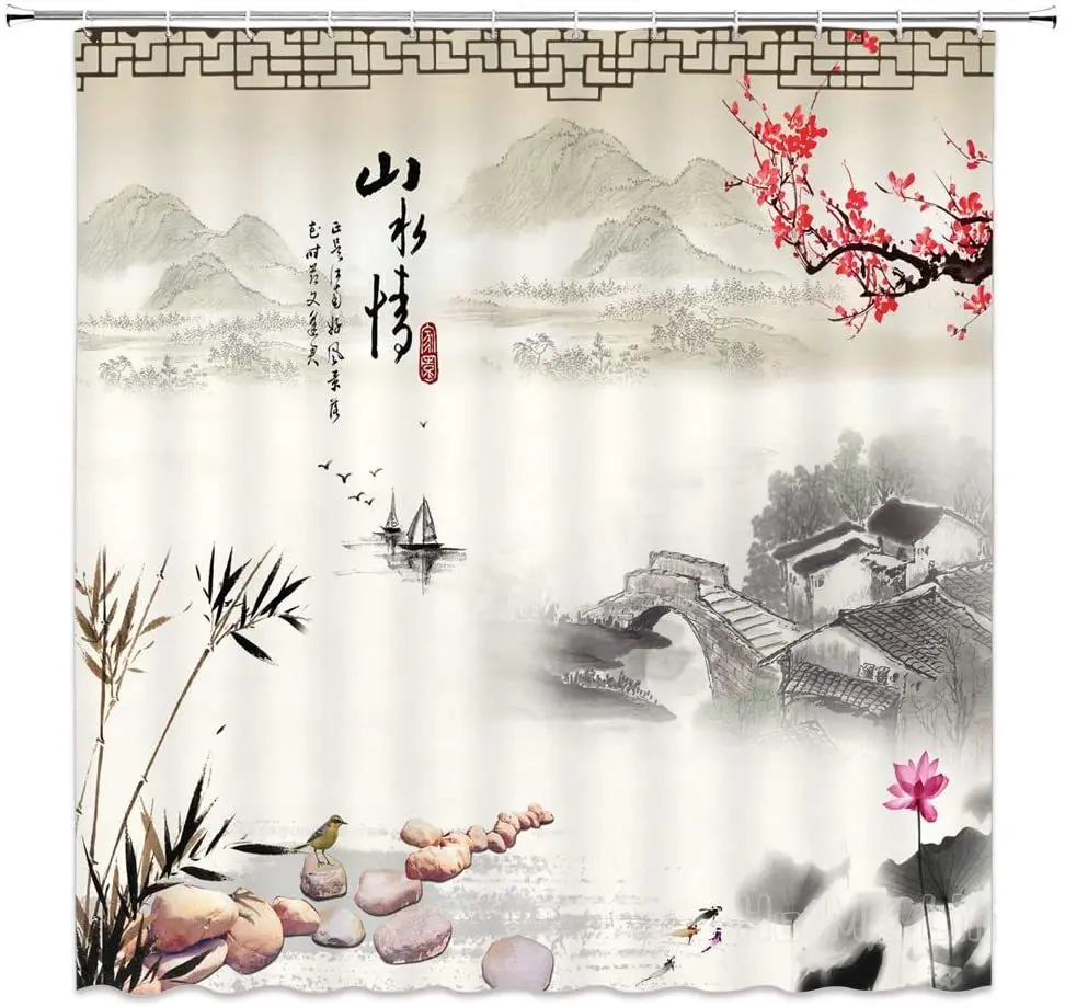 

Red Plum Blossom Shower Curtain Asian Decor Flower Bamboo Lotus Misty Mountains Oriental Art Chinese Traditional Ink Landscape