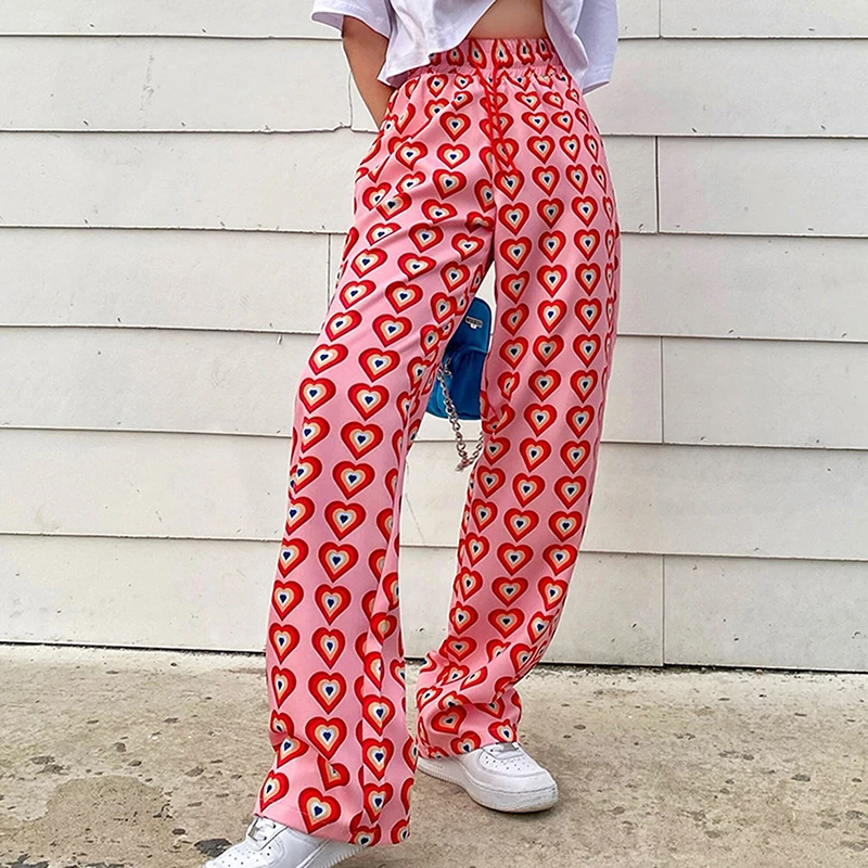 

Pink Pants Heart Printed Straight Elastic High Waist Pants Drawstring Fashion Pants Streetwear Vintage 2021 Harajuku