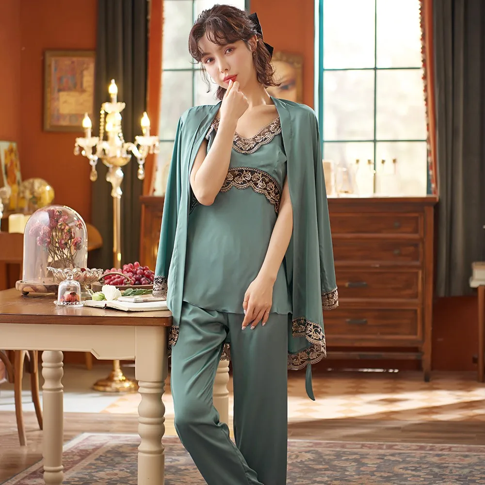 

Spring Autumn New Homewear Satin Nightwear Women 3PCS Pajamas Suit Black Lace Sleepwear Intimate Lingerie Casual Sleep Set