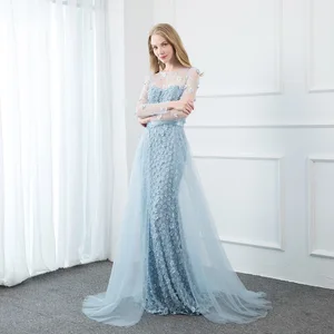 Женское вечернее платье с длинным рукавом Sweet, длинное фатиновое платье со шлейфом и объемными цветами, расшитое бисером, в наличии