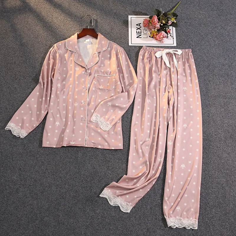 

Crown Print Sweet Women Pajama Set Lace Long Sleeve Trousers Pijama Satin Soft Sleepwear Silk Sleepwear Set Women Loungewear