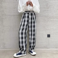 2021 vintage trend chic straight plaid pant men korean streetwear fashion loose casual pants man women long trousers