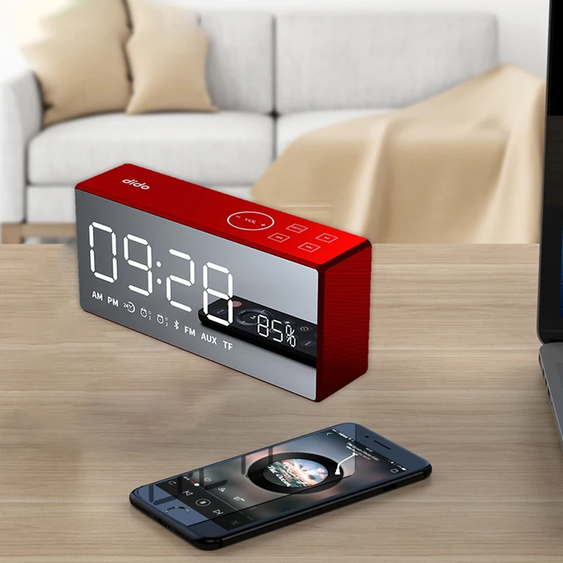 

Dido X9 Rechargeable Mirror Led Display Volume and B Hi-Fi Wireless Bluetooth Speaker Fm Aux Alarm Clock (Red)