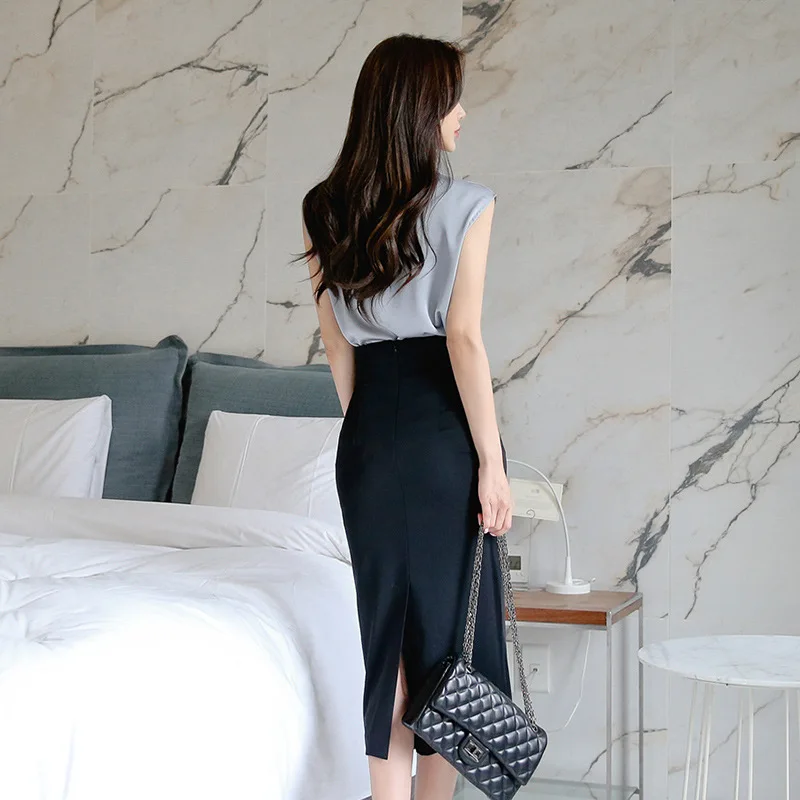 

Career Lady Two Piece Set 2020 New Summer Women Suits Elegant Sleeveless Pullover Top and High Waist Front Split Pencil Skirt