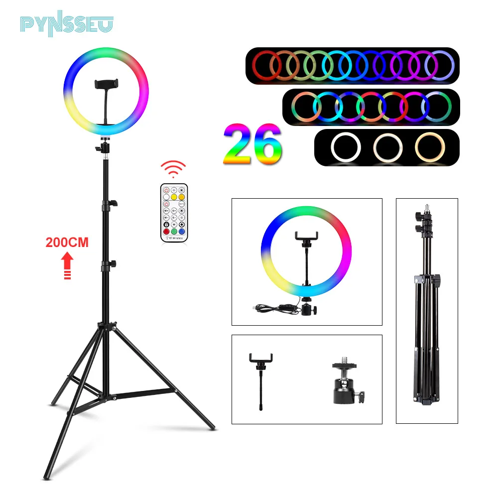 

Кольцевая лампа PYNSSEU RGB со штативом и зажимом для телефона, цветное световое кольцо с пультом дистанционного управления для прямой трансляц...
