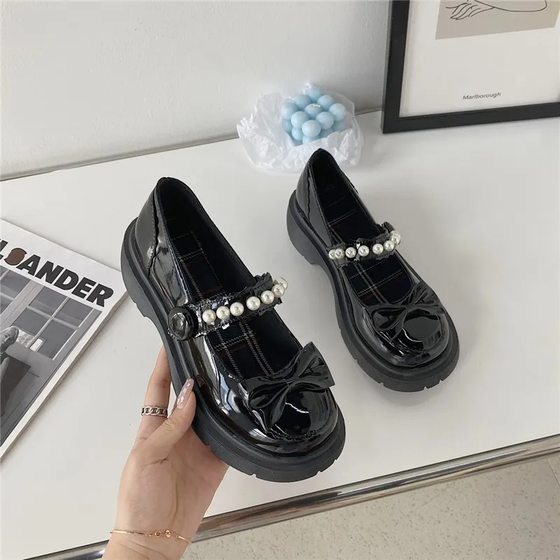 

Retro Mary Jane Shoes Women's Platform Japanese Jk Uniform Shoes Student Lolita Pu Female Autumn Pearl Big Round Toe Mid Heels