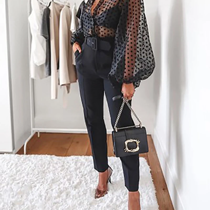 New Women Mesh Sheer Blouse See-through Lantern Long Sleeve Fashion Pearl Button Transparent White Shirt Female Blusas | Женская одежда