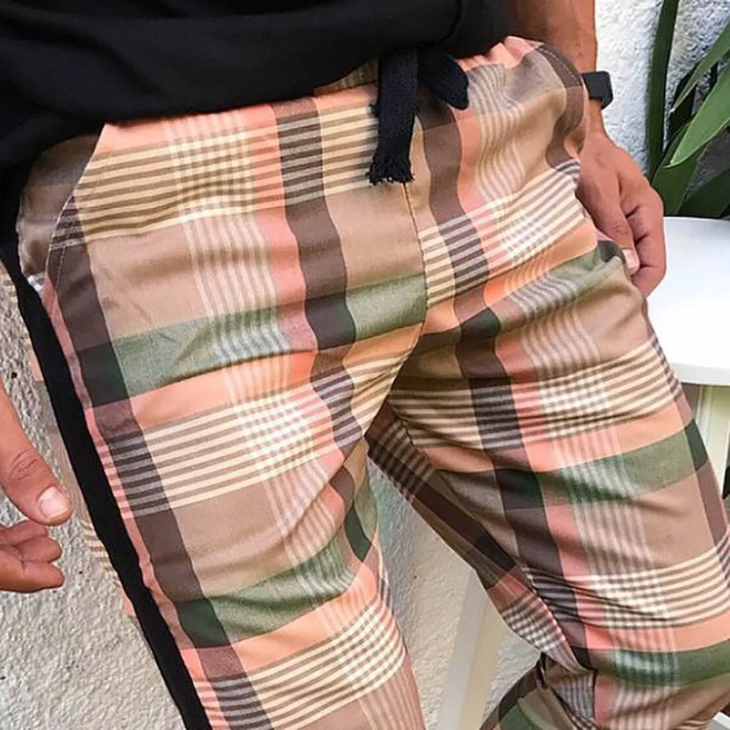 Мужские клетчатые брюки повседневные карандаш с эластичной резинкой на талии