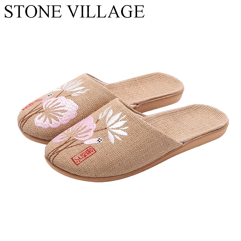 STONE VILLAGE Embroidered Japanese full linen slippers men four seasons breathable EVA non-slip viscose hemp women | Обувь