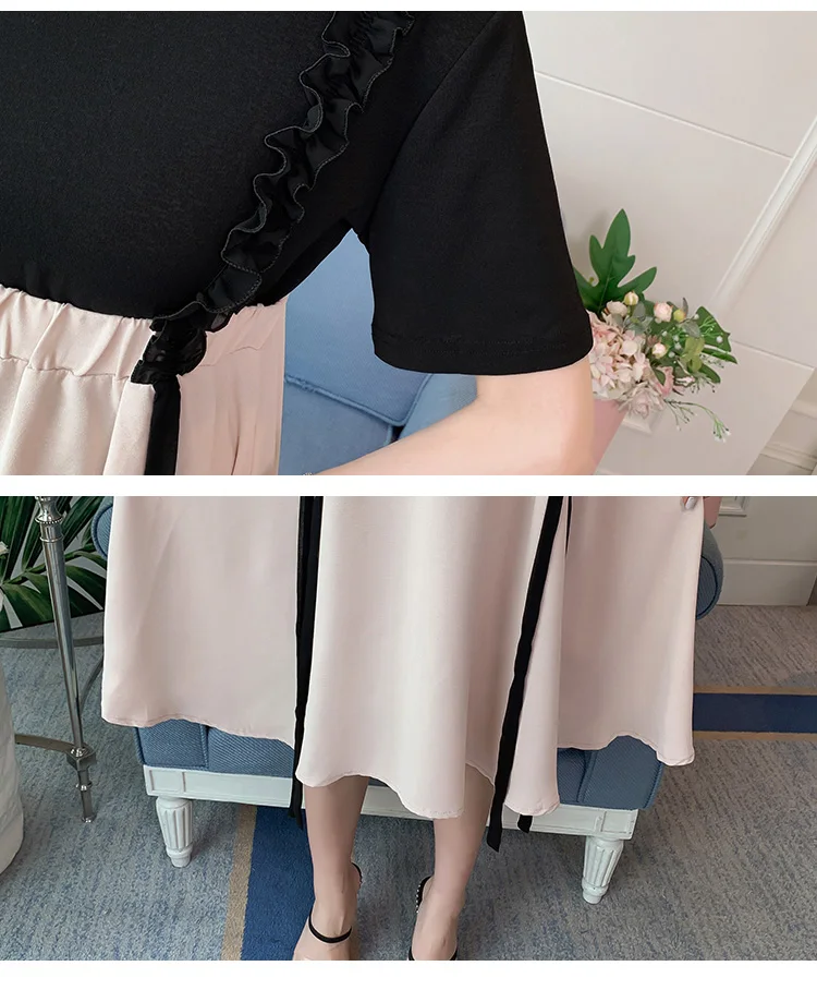 

New 2021 summer pregnant women fashion suits short sleeve T-shirt+chiffon strap dress maternity twinset korean style clothes set